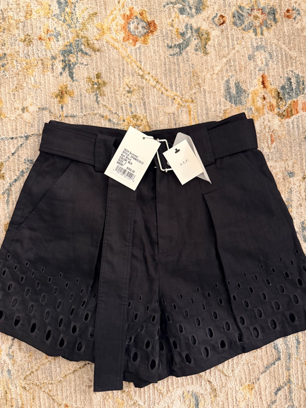 A.L.C. Black High-Waist Eyelet Hem Tie Shorts